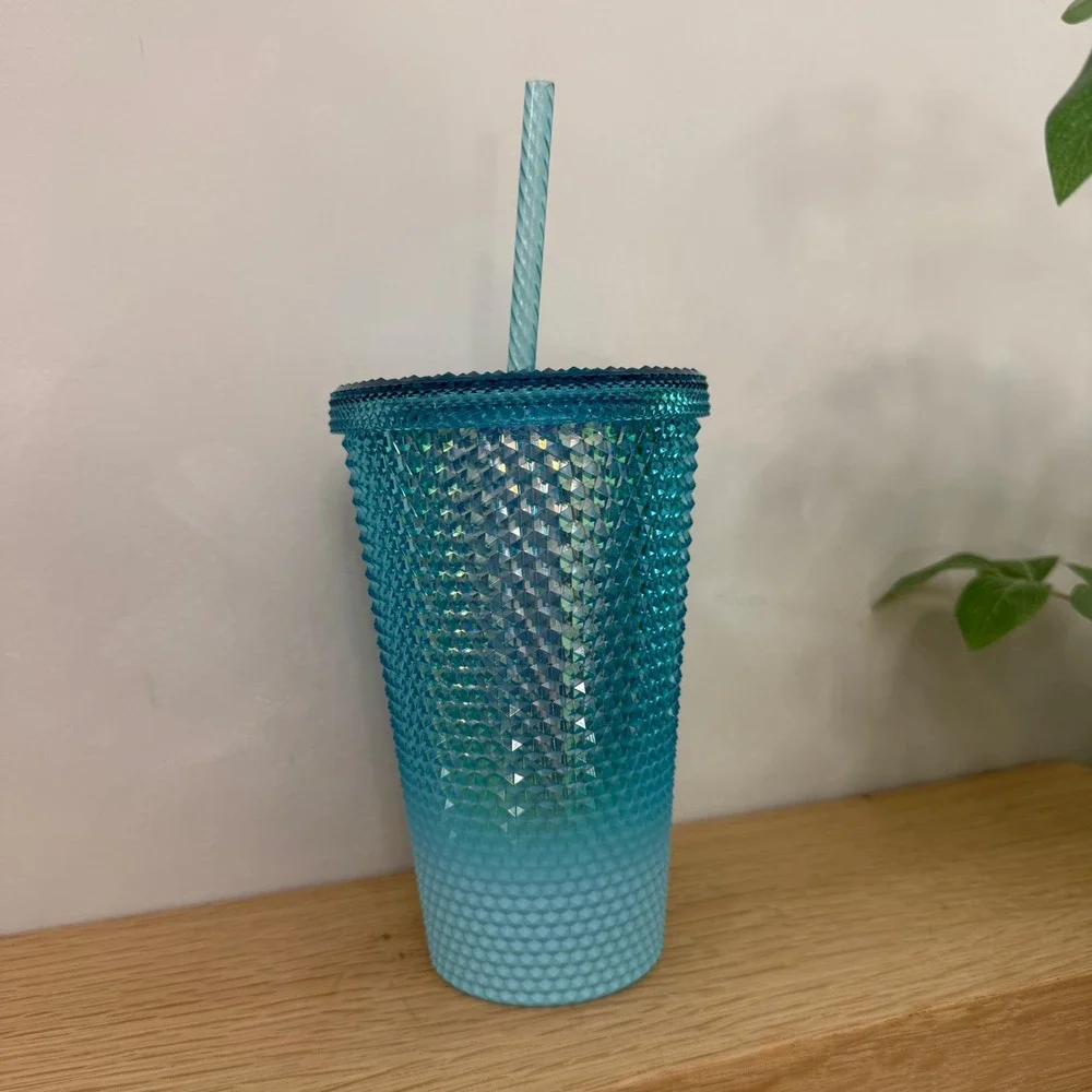Starbucks Blue Ombre Studded Grid Tumbler 16oz Cold Cup with Straw Iridescent